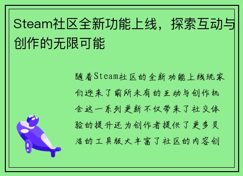 Steam社区全新功能上线,探索互动与创作的无限可能 Steam社区全新功能上线,探索互动与创作的无限可能