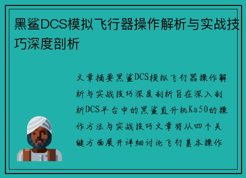 黑鲨DCS模拟飞行器操作解析与实战技巧深度剖析